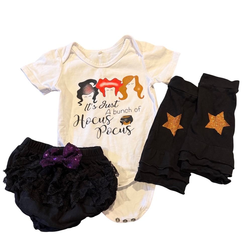 Hocus Pocus Baby Girl Halloween Outfit Set Body Suit Bloomers Leg Warmers 6-9M